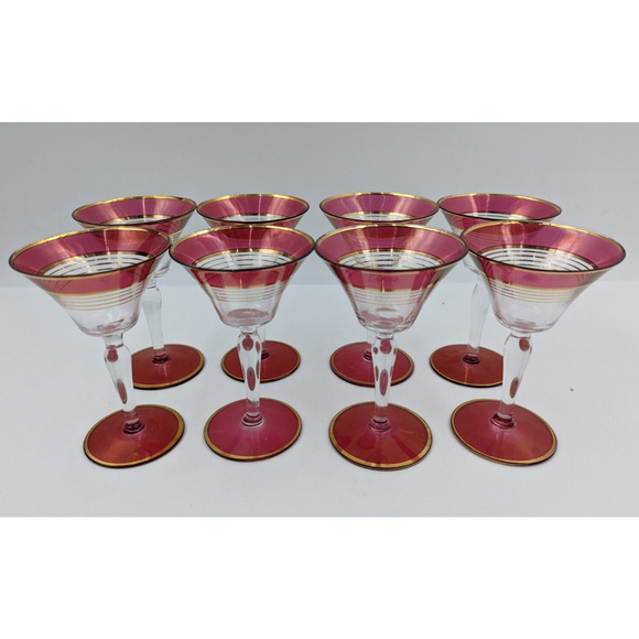 West Virginia Glass Ruby Red Gold Martini Cocktail Pitcher and 8 Cordial Glasses - Picture 4 of 16
